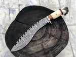 Full Tang Damascus Steel Gurkha Kukri with Bone, Rosewood, and Antler Horn Handle.
