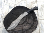 Survival kukri with a 10-inch Damascus steel blade and buffalo horn handle.
