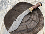 Full Tang Damascus Steel Gurkha Kukri with Rosewood, Olivewood, and Buffalo Horn Handle.
