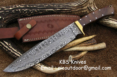 Full Tang Hunter Bowie Knife with 17-Inch Damascus Steel Blade and Rosewood Handle