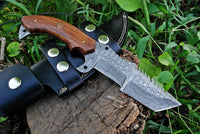 Custom Handmade Damascus Tanto Tracker Knife with Rosewood Handle - 10 inches Overall Length, Serrated Top Blade