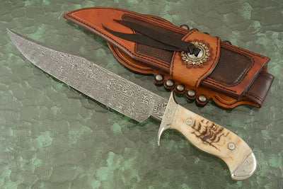 Hand Engraved Tennessee Bowie Knife with Damascus Steel Blade and Ram Horn Handle by KBS Knives
