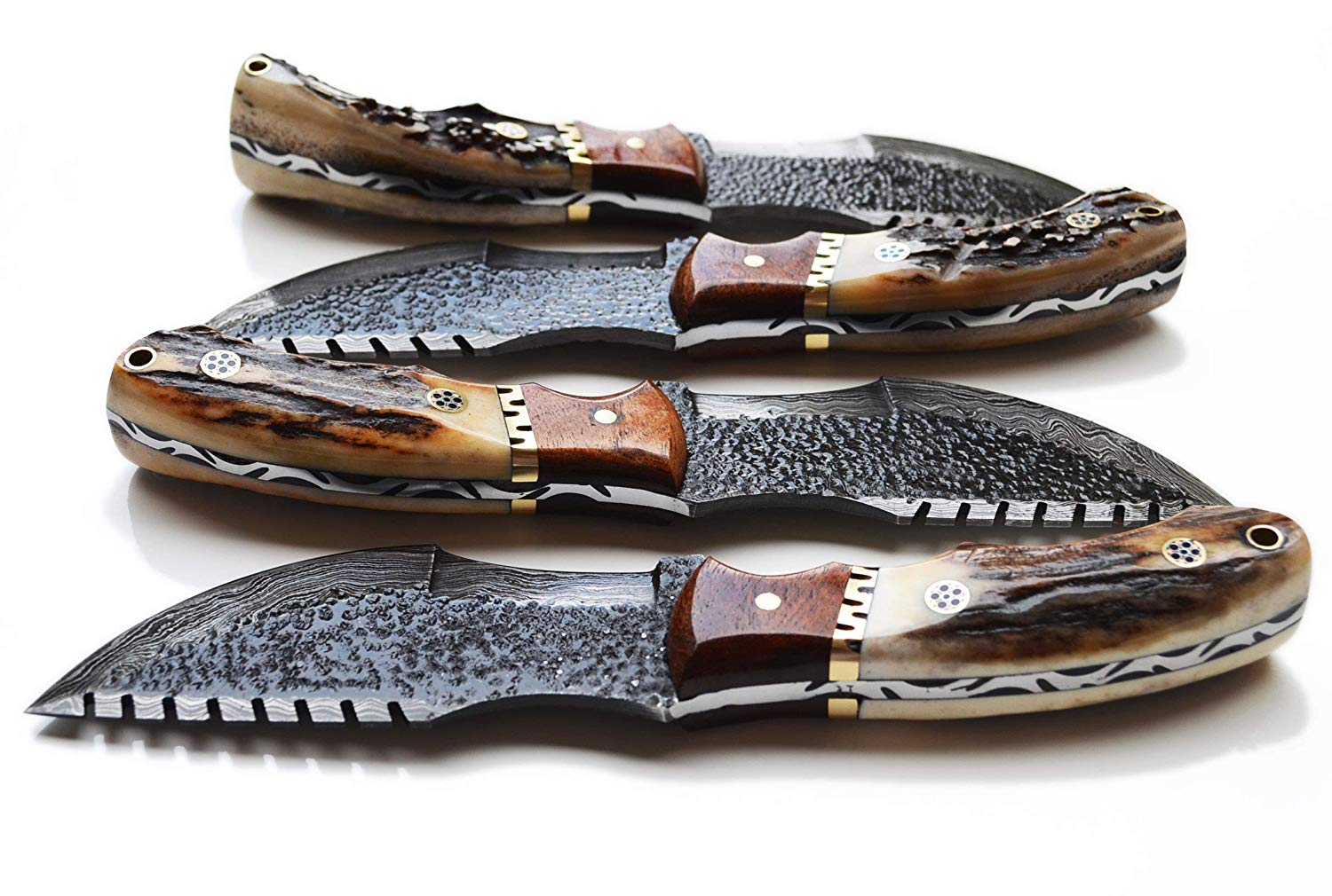 Handcrafted Damascus Steel Tracker Knife with 10" Blade, Antler Horn Handle, Rose Wood Bolster, and Horizontal Leather Sheath