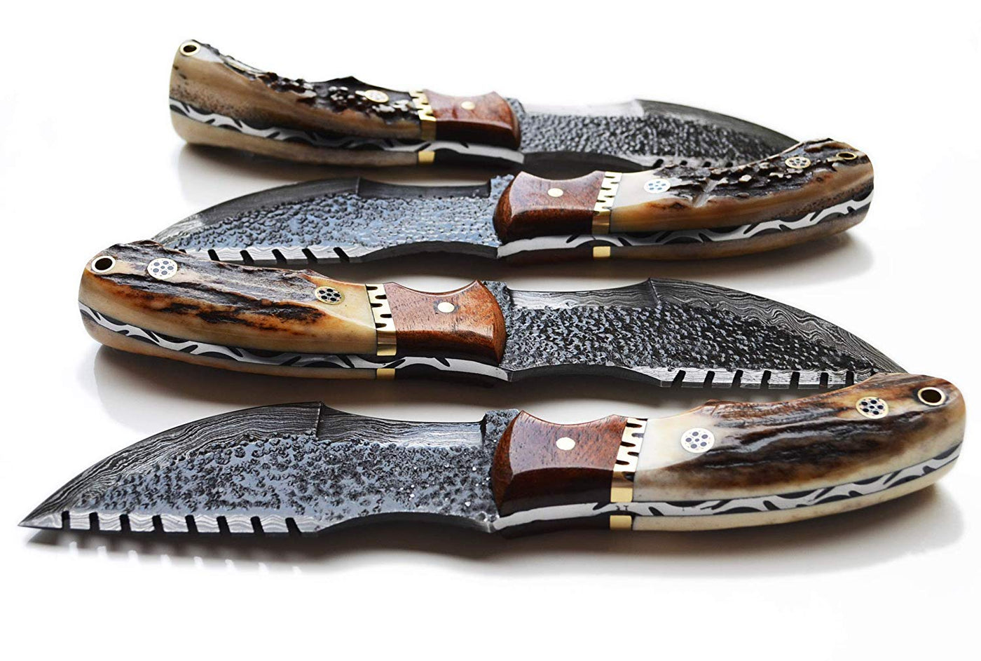 Handcrafted Damascus Steel Tracker Knife with 10" Blade, Antler Horn Handle, Rose Wood Bolster, and Horizontal Leather Sheath