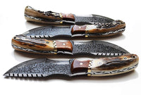 Handcrafted Damascus Steel Tracker Knife with 10" Blade, Antler Horn Handle, Rose Wood Bolster, and Horizontal Leather Sheath