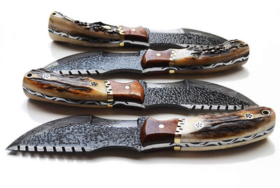 Handcrafted Damascus Steel Tracker Knife with 10" Blade, Antler Horn Handle, Rose Wood Bolster, and Horizontal Leather Sheath