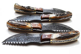 Handcrafted Damascus Steel Tracker Knife with 10" Blade, Antler Horn Handle, Rose Wood Bolster, and Horizontal Leather Sheath
