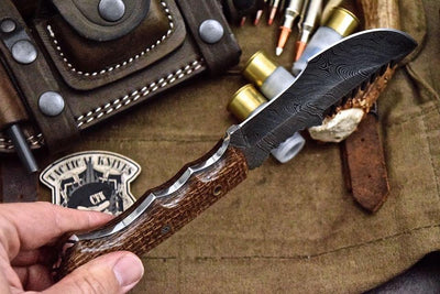 Handcrafted Damascus Steel Tracker Knife with 9.5" Blade and Horizontal Leather Sheath for Camping and Survival