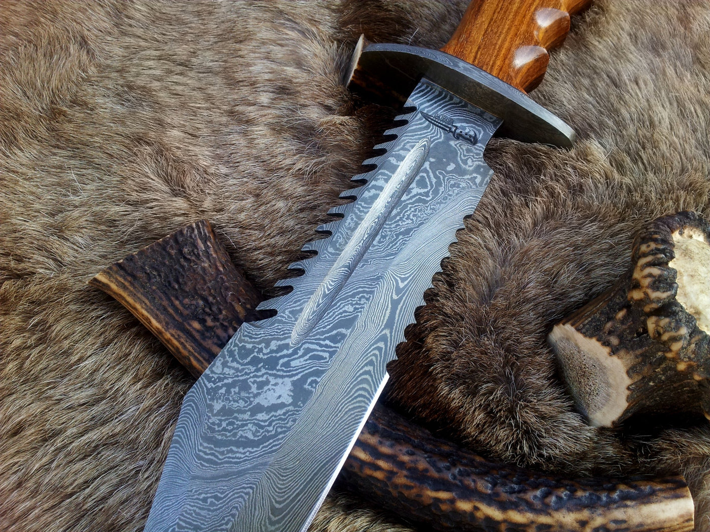 Handcrafted Ranger Survival Bowie Knife with Rosewood Handle and Leather Sheath