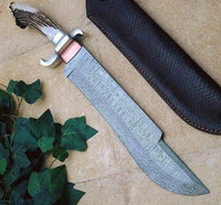 Hunters Big Bowie Knife with Custom Handmade Full Tang Damascus Steel Blade and Antler Horn Handle