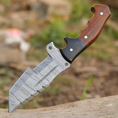 Damascus Steel Handmade Top Best Tracker Knife with Rosewood and Buffalo Horn Handle - 10 Inch Overall Length, Horizontal Leather Sheath - KBS Knives Store