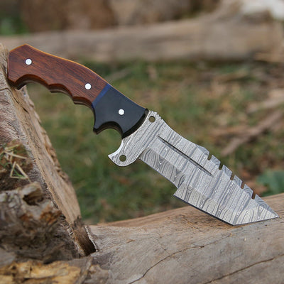 Damascus Steel Handmade Top Best Tracker Knife with Rosewood and Buffalo Horn Handle - 10 Inch Overall Length, Horizontal Leather Sheath - KBS Knives Store