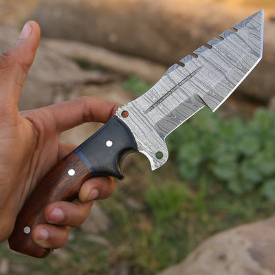Damascus Steel Handmade Top Best Tracker Knife with Rosewood and Buffalo Horn Handle - 10 Inch Overall Length, Horizontal Leather Sheath - KBS Knives Store