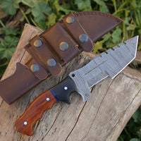 Damascus Steel Handmade Top Best Tracker Knife with Rosewood and Buffalo Horn Handle - 10 Inch Overall Length, Horizontal Leather Sheath - KBS Knives Store