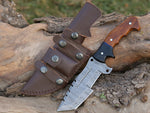 Damascus Steel Handmade Top Best Tracker Knife with Rosewood and Buffalo Horn Handle - 10 Inch Overall Length, Horizontal Leather Sheath - KBS Knives Store