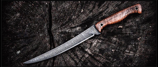 Damascus Steel Handmade Fillet Boning Knife with Burly Rose Wood Handle, 11 Inches with Leather Sheath by KBS Knives Store