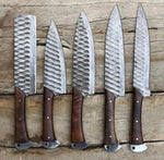 A 5-piece kitchen knives set, showcasing elegant Rosewood handles and meticulously forged Damascus steel blades. The set includes chef's, bread, utility, paring, and carving knives, with varying overall lengths. Securely stored in a stylish leather roll, perfect for both home kitchens and culinary professionals on the move.