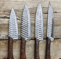 A 5-piece kitchen knives set, showcasing elegant Rosewood handles and meticulously forged Damascus steel blades. The set includes chef's, bread, utility, paring, and carving knives, with varying overall lengths. Securely stored in a stylish leather roll, perfect for both home kitchens and culinary professionals on the move.