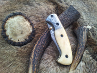 KBS Knives Store's BoneCraft Folding Pocket Knife with leather sheath and Damascus steel blade






