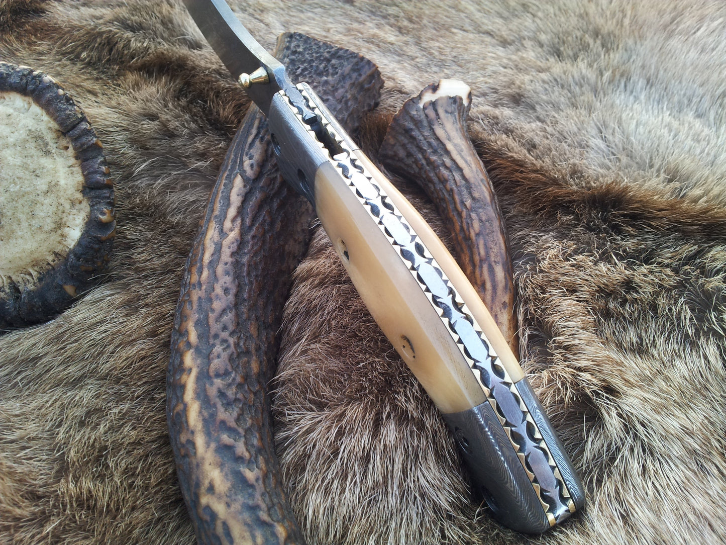 KBS Knives Store's The BoneShaper Folding Pocket Knife with leather sheath and Damascus steel blade
