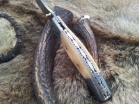 KBS Knives Store's The BoneShaper Folding Pocket Knife with leather sheath and Damascus steel blade