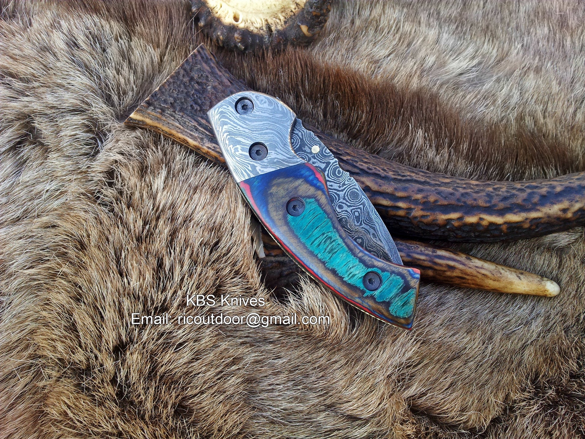 KBS Knives Store's The SpectrumEdge Folding Pocket Knife with leather sheath and Damascus steel blade