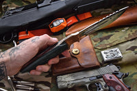 Leather sheath for the Combat Bushcraft Survival Knife, designed for secure and convenient carrying
