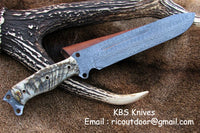 Pig Sticker Big Bowie Knife with 17-Inch Full Tang Damascus Steel Blade and Sheep Horn Handle