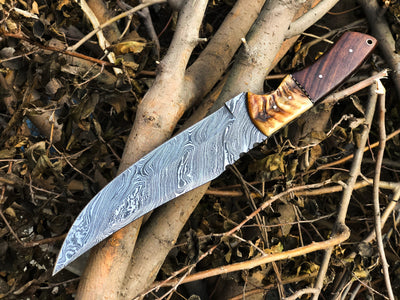 Premium Hunting Bowie Knife with Full Damascus Steel Blade and Leather Sheath