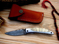 Premium leather sheath designed for the Everyday Carry Damascus steel pocket knife.
