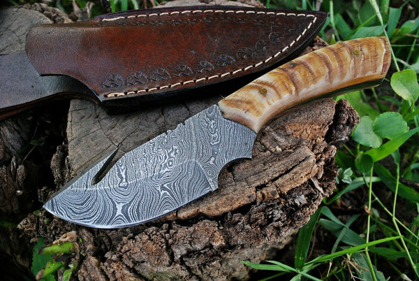 Custom Handmade Damascus Steel Guthook Skinning Knife