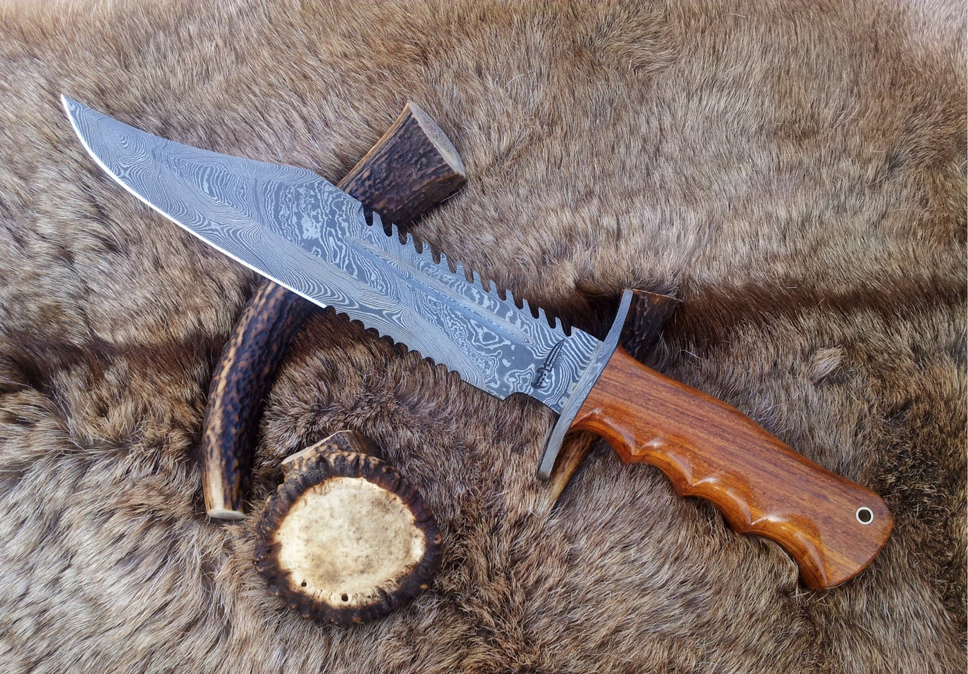 Ranger Survival Bowie Knife with Custom Handcrafted Damascus Steel Blade and Rosewood Handle