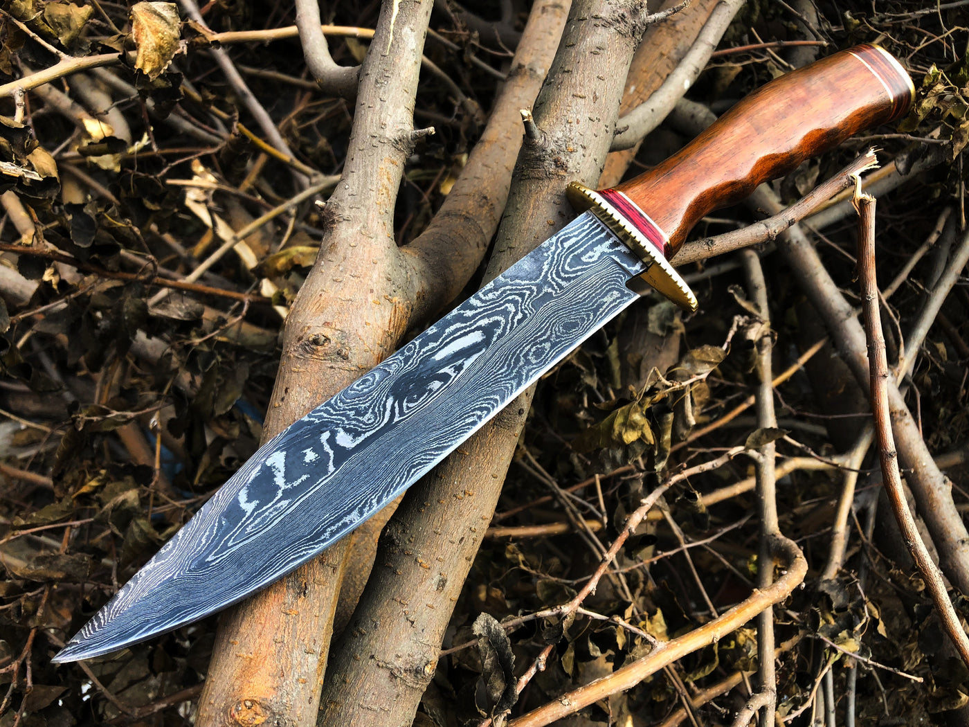 Real Bowie Knife with Custom Handmade Damascus Steel Blade and Walnut Wood Handle