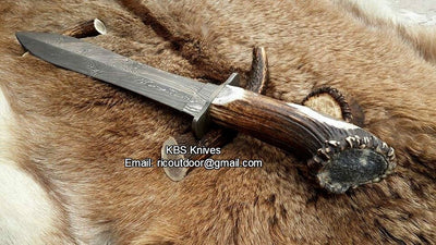 Stag horn crown handle Bowie Knife with Damascus guard and leather sheath