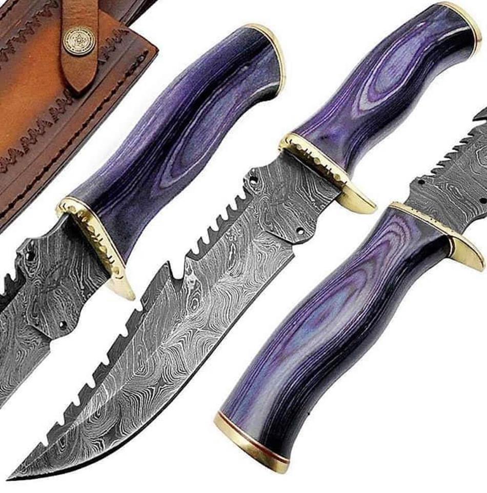 Survival Bowie Knife with Custom Handmade Damascus Steel Blade and Exotic Wood Handle