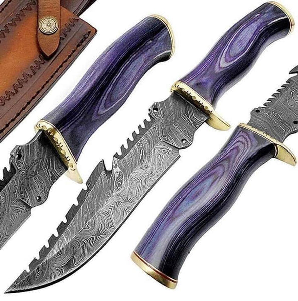 Survival Bowie Knife with Custom Handmade Damascus Steel Blade and Exotic Wood Handle