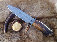 Vintage Bowie Knife with Custom Handcrafted Damascus Steel Blade and Stag Horn Handle