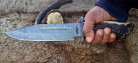 Vintage Bowie Knife with Damascus Blade and Leather Sheath by KBS Knives