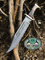 Western Outlaw Bowie Knife with custom handcrafted Damascus steel blade and exotic wood handle by KBS Knives.