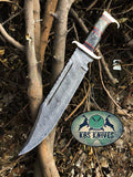 Western Outlaw Bowie Knife with custom handcrafted Damascus steel blade and exotic wood handle by KBS Knives.