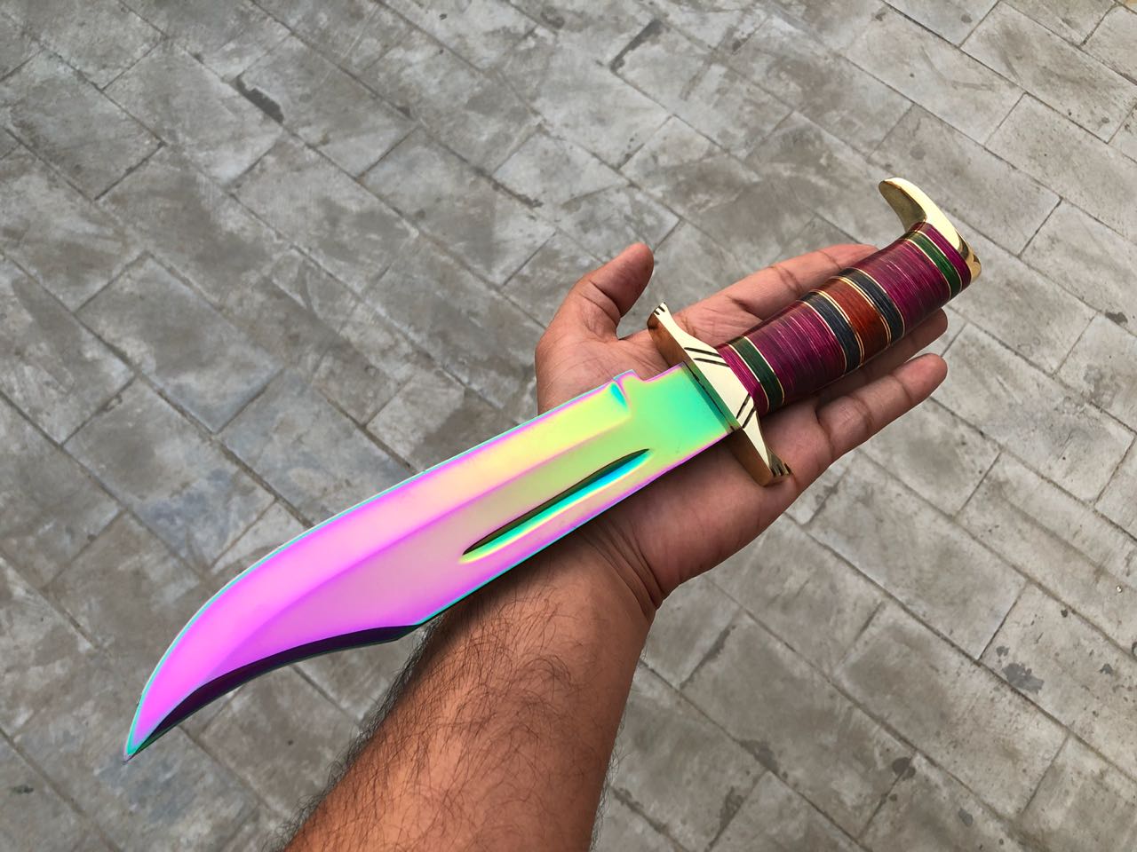 Wild Hunter Bowie Knife with heavy gauge D2 titanium colored steel blade and colored exotic woods handle by KBS Knives