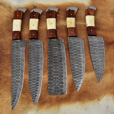 Full tang forged Damascus steel blades showcasing intricate designs
