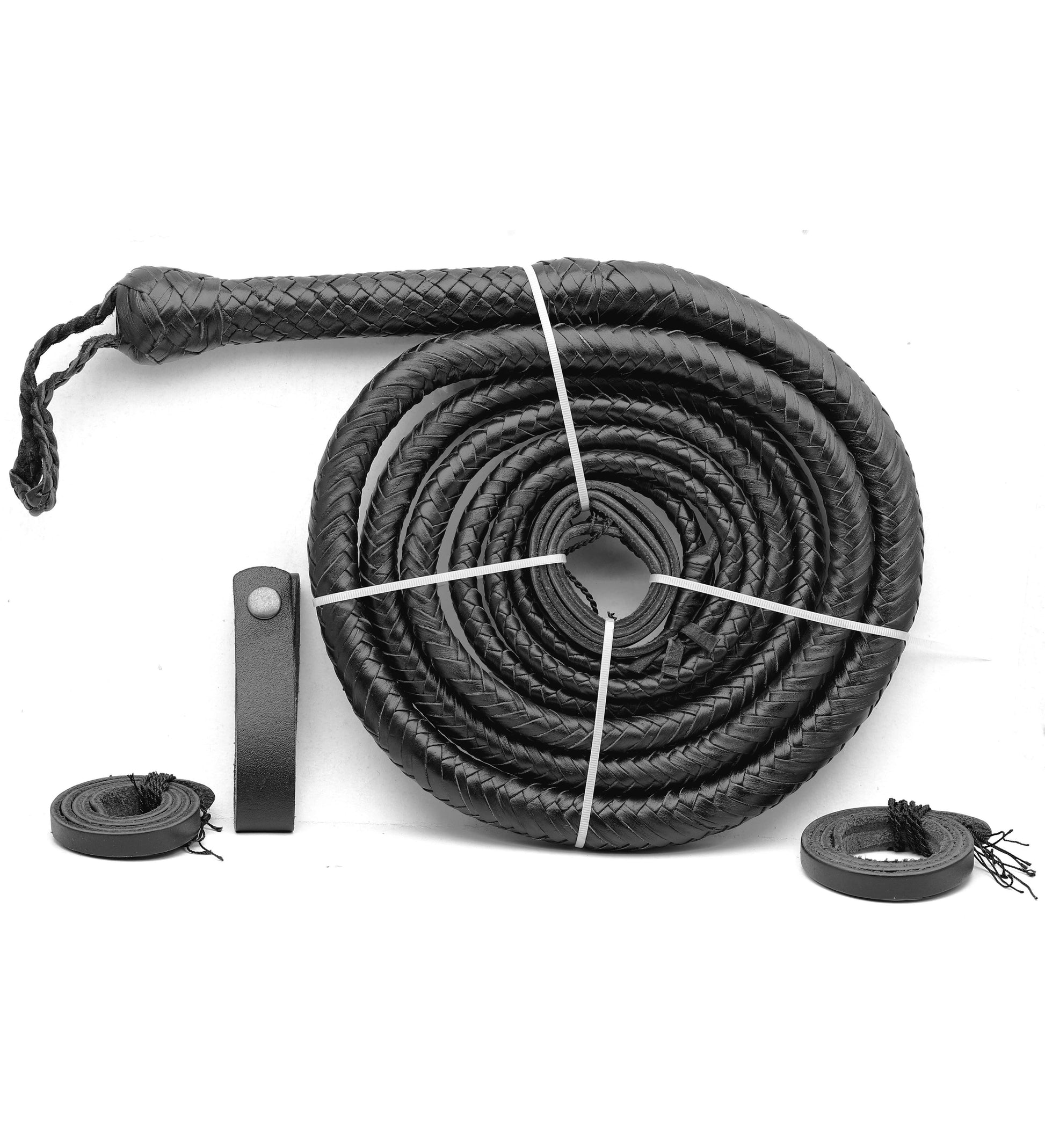 Authentic snake black leather bullwhip with handcrafted braiding and durable handle.