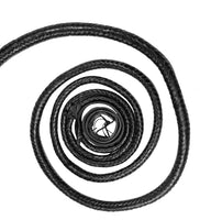 Bull whip measuring 8 feet from the handle to the braid's end, displayed elegantly.

