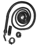 Handmade black leather bull whip with 12 plaits and leather belt holder.

