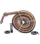 Handmade orange and black leather bull whip displayed with 12 plaits and leather belt holder.
