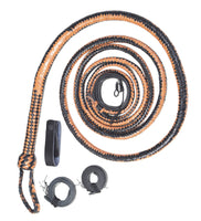 Close-up view of the premium cowhide leather handle of the bull whip showcasing its craftsmanship.
