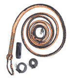 Close-up view of the premium cowhide leather handle of the bull whip showcasing its craftsmanship.
