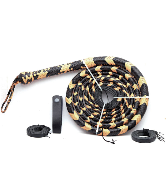Handmade black and skin leather bull whip displayed with a leather belt holder.
