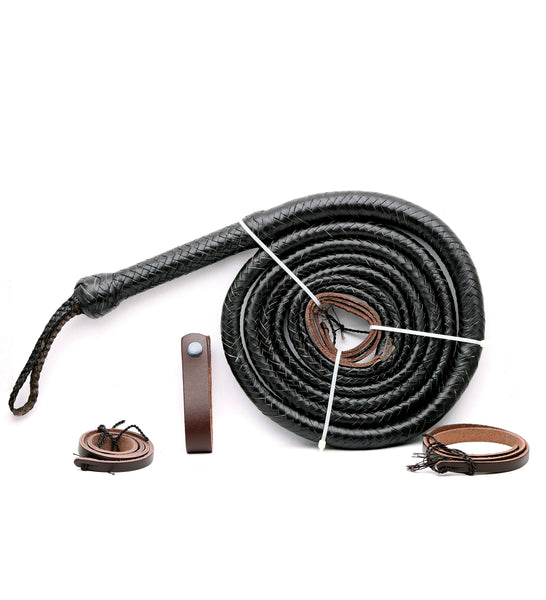 Handmade nude black leather bull whip showcasing 12 plaits and leather belt holder.
